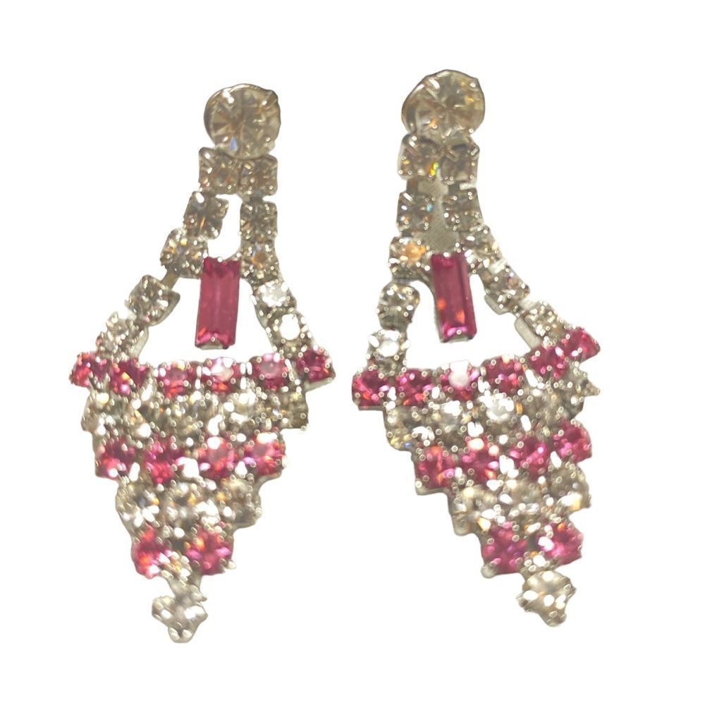 Vintage Dangling Pink And Clear Rhinestone Earrings NWT